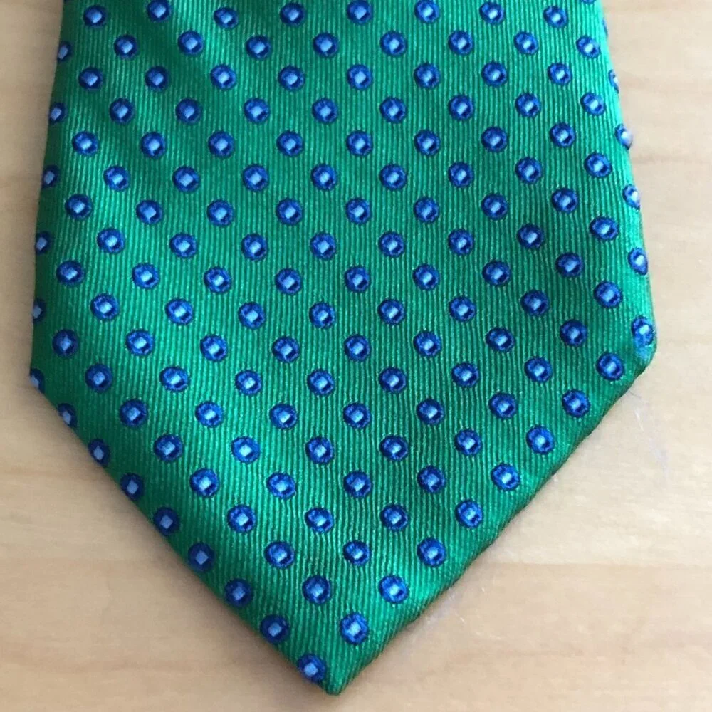 Chaps Men's Silk Handmade Necktie Green Blue & White Geometric Circles Tie - NEW